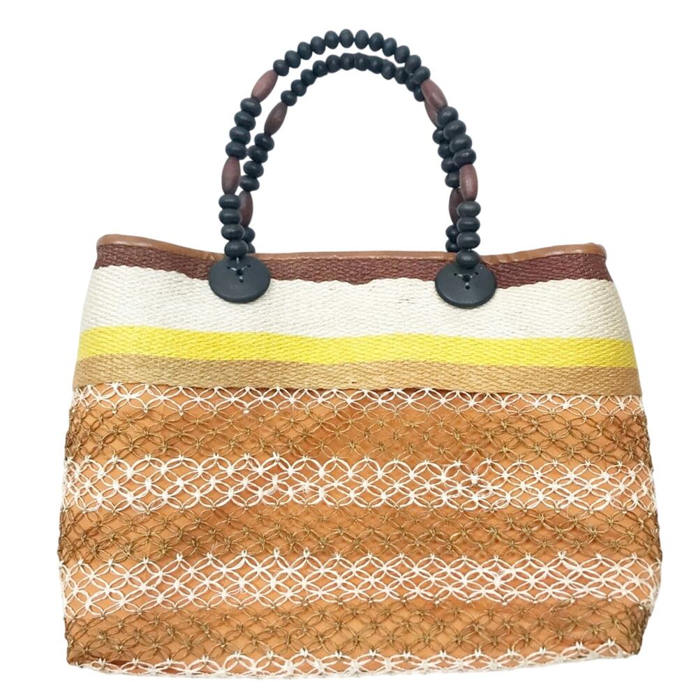 Straw Handbag with Beaded Handle Striped